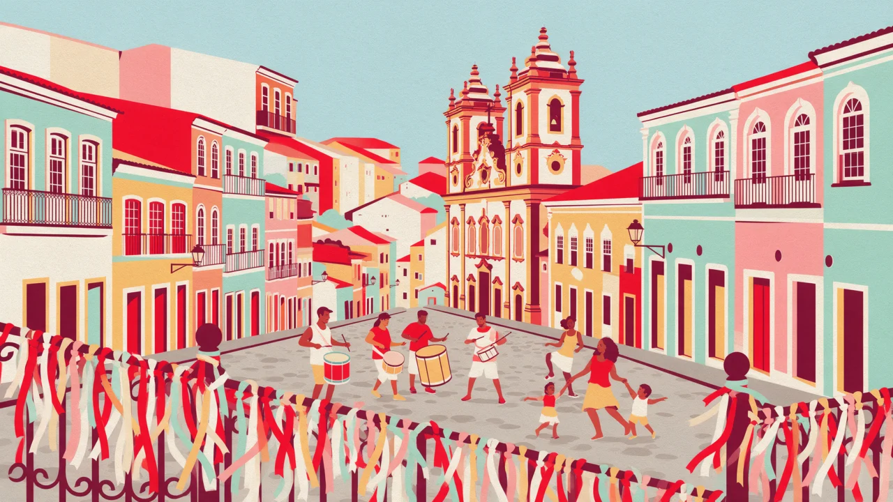 Ilustração: percussionistas e famílias no Pelourinho