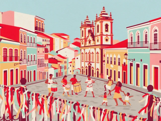 Ilustração: percussionistas e famílias no Pelourinho