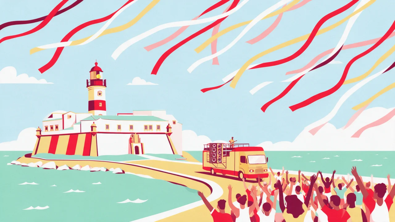 Ilustração: trio elétrico e foliões perto do Farol da Barra