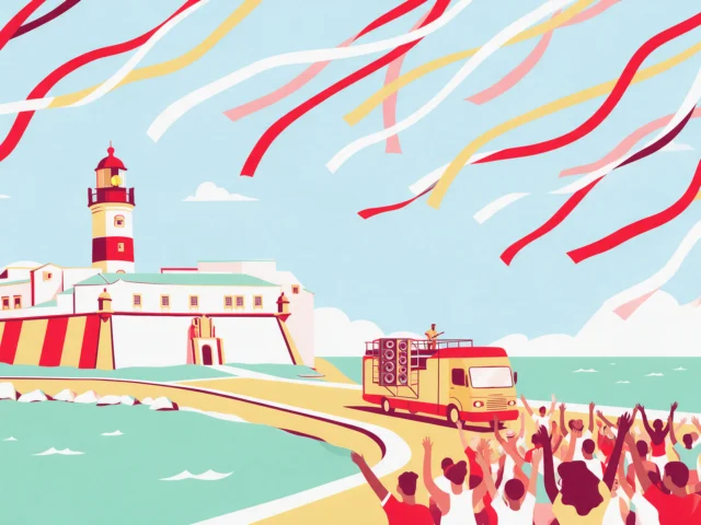Ilustração: trio elétrico e foliões perto do Farol da Barra