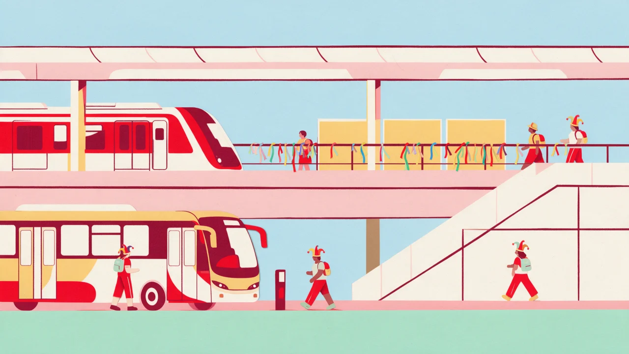 Ilustração: metrô e ônibus com foliões chegando