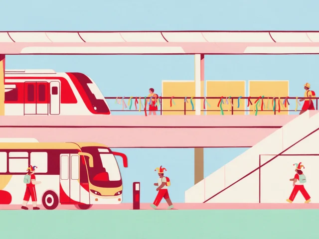 Ilustração: metrô e ônibus com foliões chegando